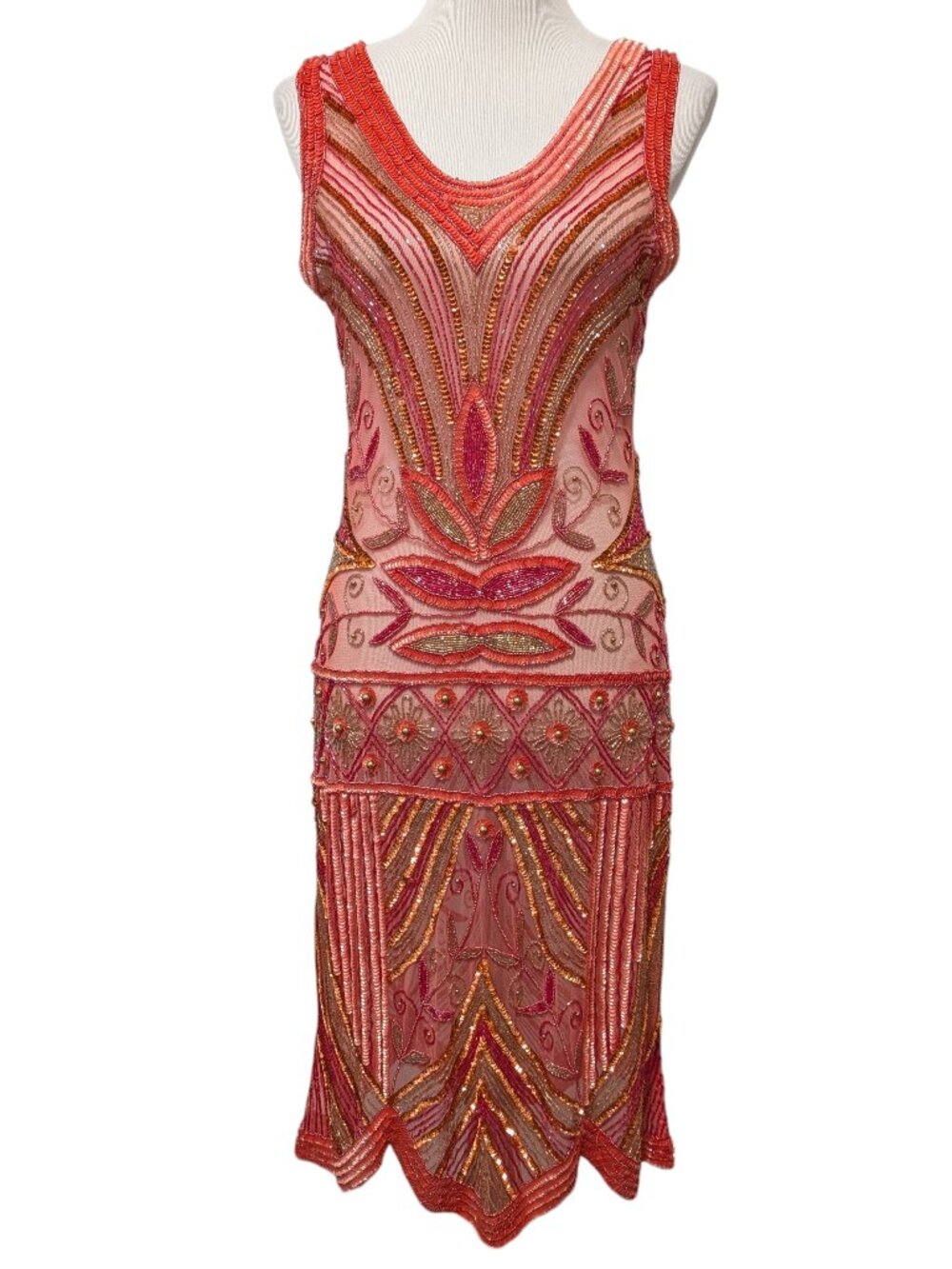 Unique Vintage Womens Size L Coral Orange Sequin Beaded Retro Flapper Dress